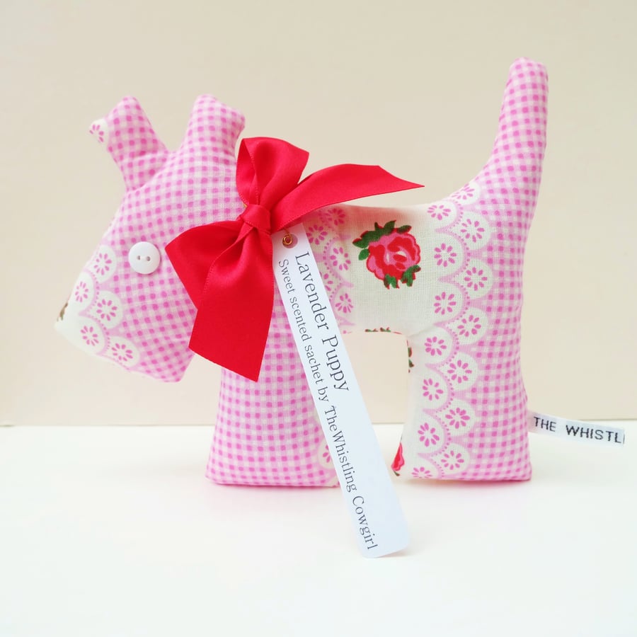 Lavender Dog Sachet, Retro Pink Rose Gingham Fabric