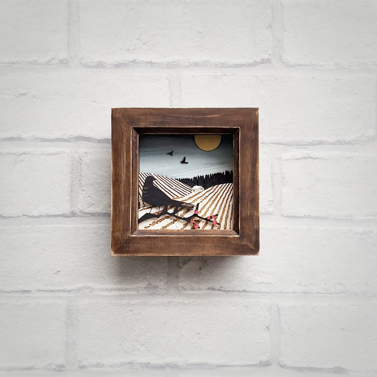 Winter Fields Picture, Miniature Diorama, Bird Picture, Winter Landscape