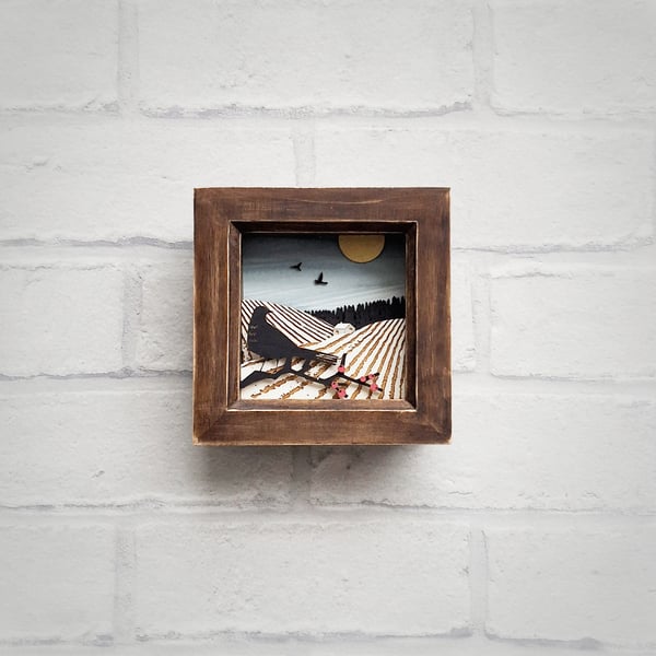 Winter Fields Picture, Miniature Diorama, Bird Picture, Winter Landscape