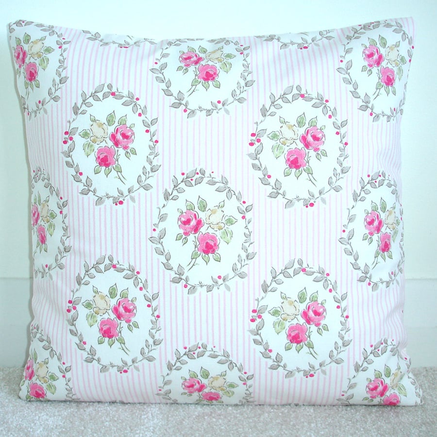 Cushion Cover Floral Stripe 16" Pink Yellow Roses