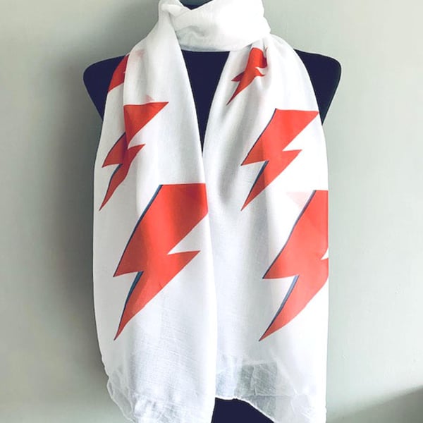 Ziggy Stardust Scarf David Bowie Inspired Thunder Bolts Print. White. Lightweigh