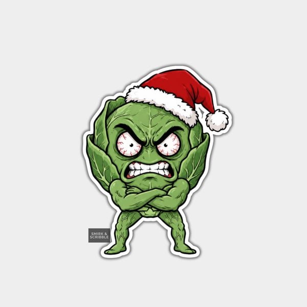 Unique Funny Christmas Sticker Xmas Decal - Angry Brussels Sprout