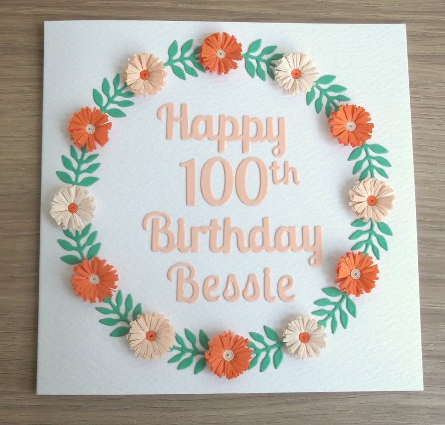 100th birthday card - quilled flowers, quilling, handmade, personalised