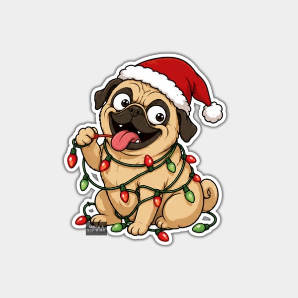 Unique Funny Christmas Sticker Xmas Decal - Cheeky Cute Happy Pug Dog
