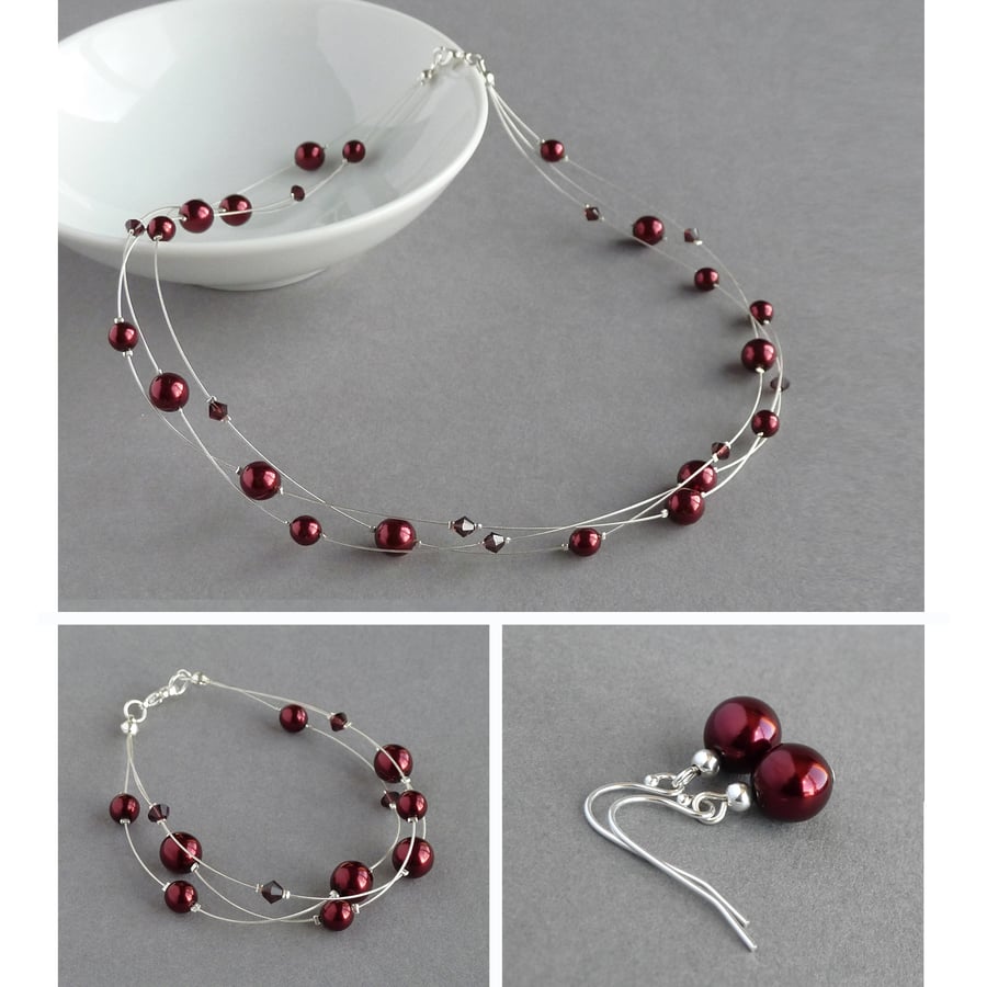 Burgundy Floating Pearl Jewellery Set - Necklace, Bracelet and Drop Earrings