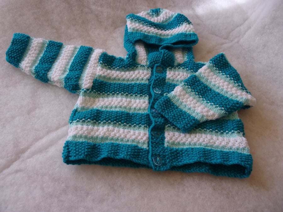 Hand Knitted Striped Hooded 20" Cardigan