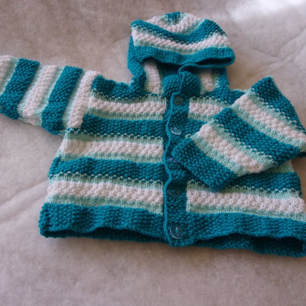 Hand Knitted Striped Hooded 20" Cardigan