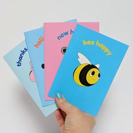 Pack of 4, cute animal greetings cards