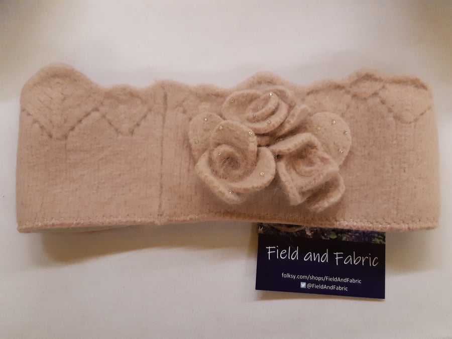 Seconds Sunday - Upcycled angora felt ear warmers (hairband) in pale pink
