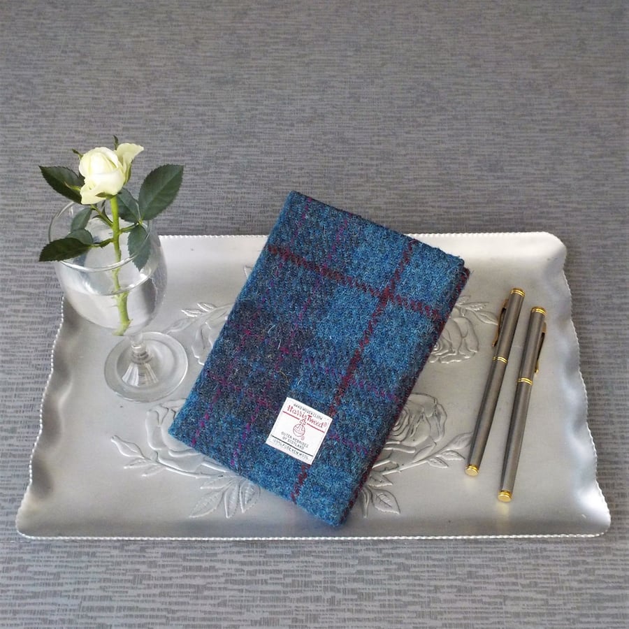 Harris tweed covered A6 notebook journal blank book blue purple tartan