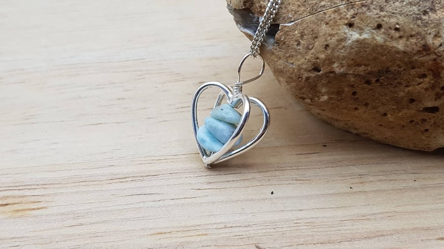 Blue 3D heart Larimar pendant necklace. Sterling silver Scorpio gift