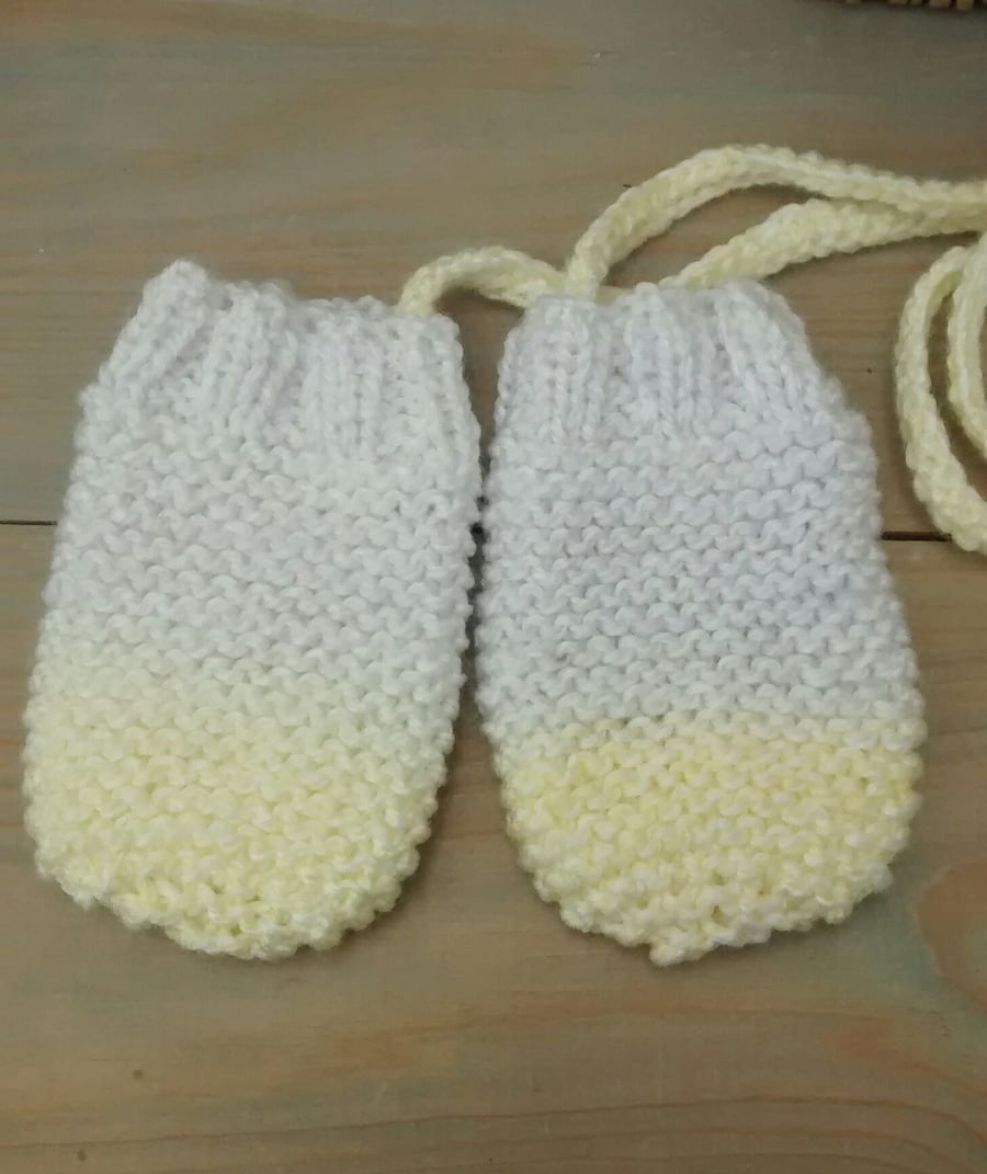 Baby Mittens with Cord, Lemon and Light Grey,