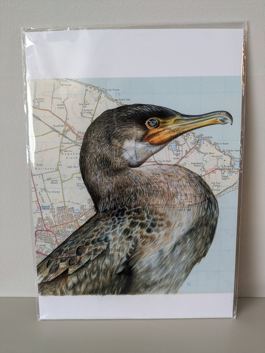 Cormorant print on vintage Yorkshire Coast map