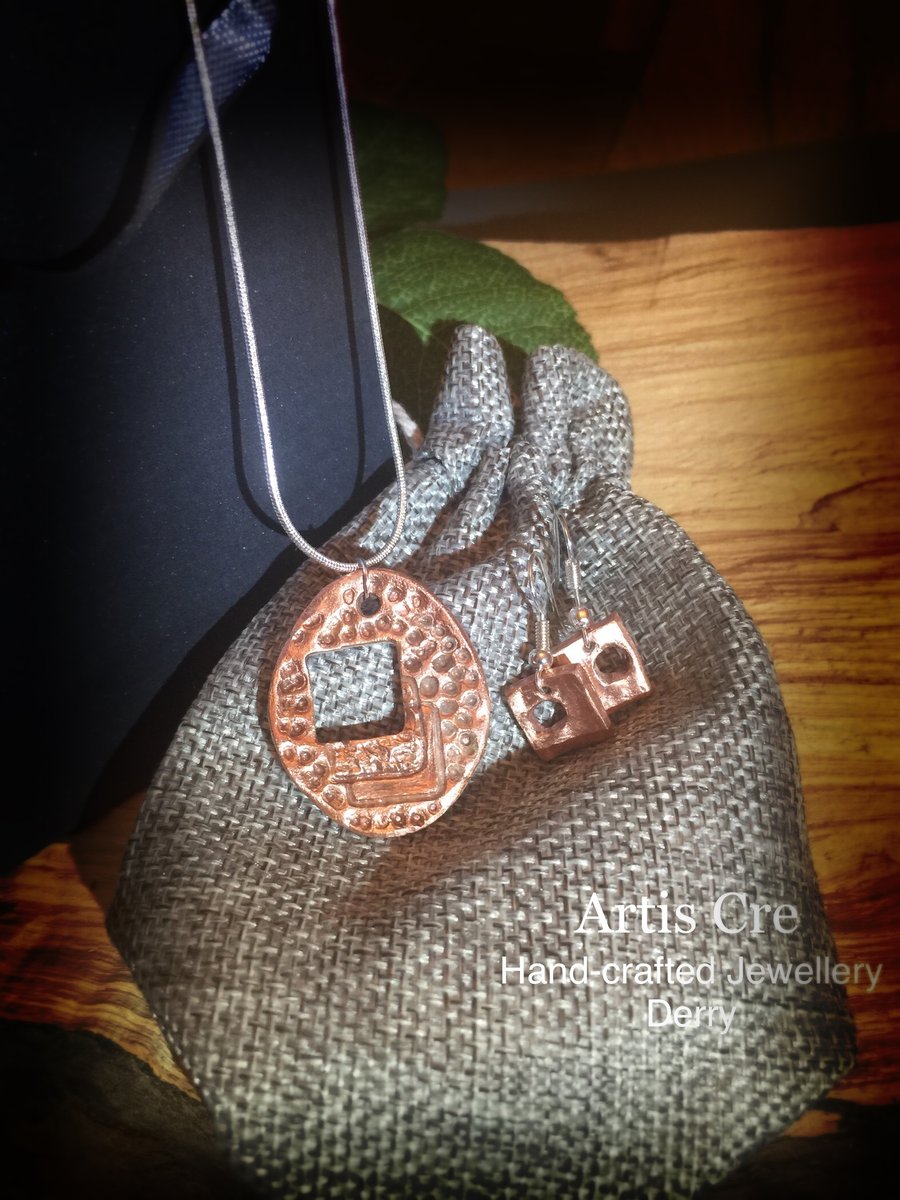 Hand-Cradfted Copper Pendant & earrings set On Sterling Silver Chain and hooks