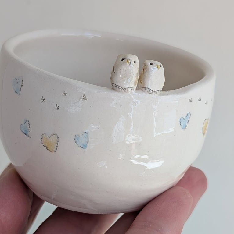 Handmade Tealight with Owl Bird Couple, Hearts & birdprints. Wedding Gift