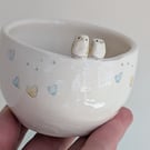 Handmade Tealight with Owl Bird Couple, Hearts & birdprints. Wedding Gift