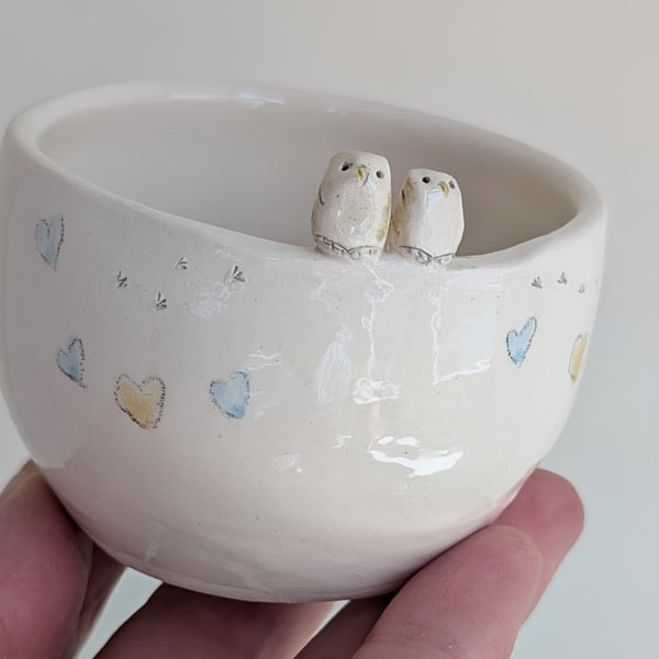 Handmade Tealight with Owl Bird Couple, Hearts & birdprints. Wedding Gift