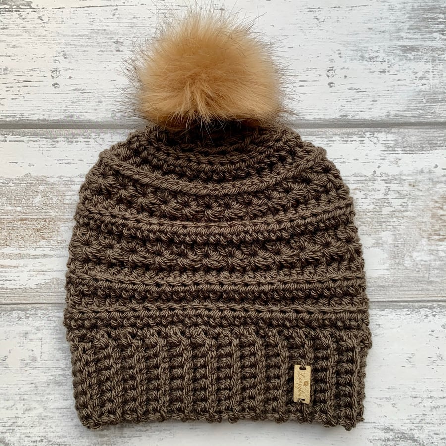 Handmade taupe mushroom crochet beanie hat with faux fur pompom
