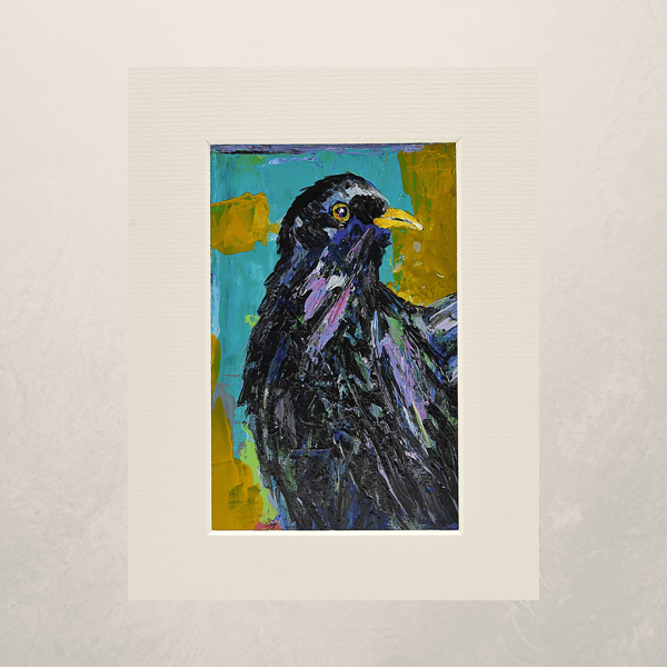 A Mounted Acrylic Painting of a Blackbird. 8x6 inches.