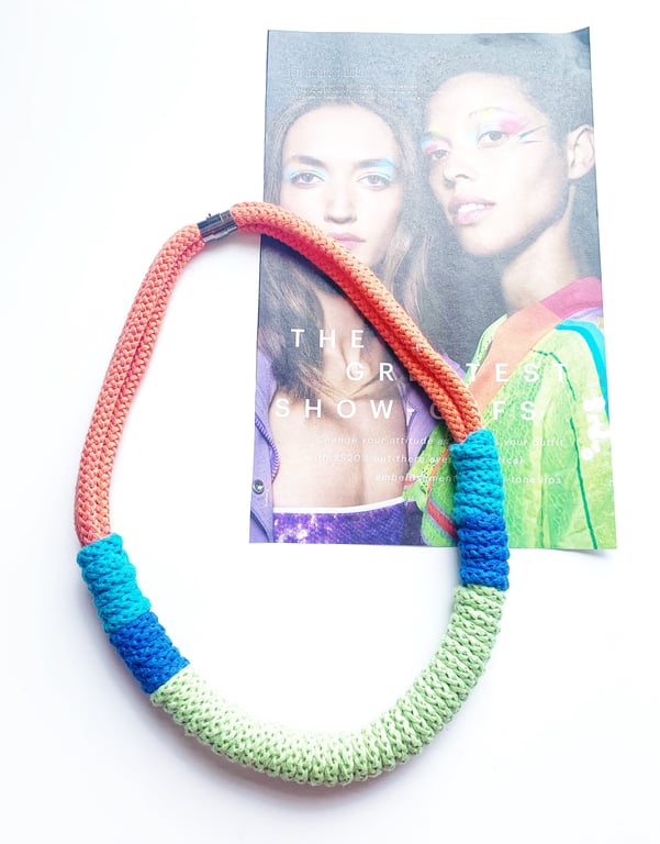 Lime and blue Knotted Rope Statement Necklace, Chunky Statement Handmade Jewelry
