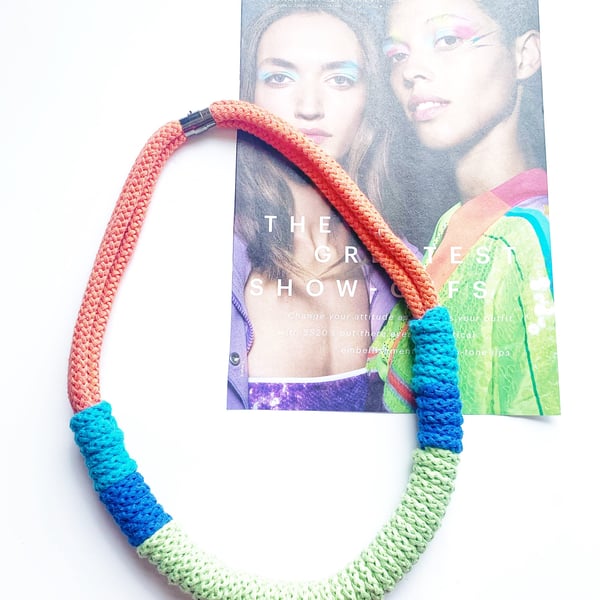 Lime and blue Knotted Rope Statement Necklace, Chunky Statement Handmade Jewelry