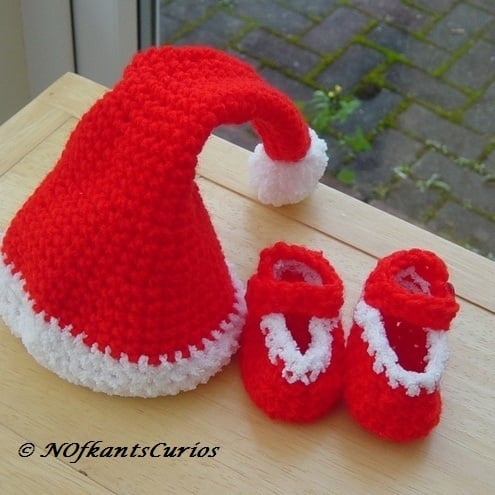 Baby's First Christmas!  Crocheted Festive Hat and Shoes, to size order!
