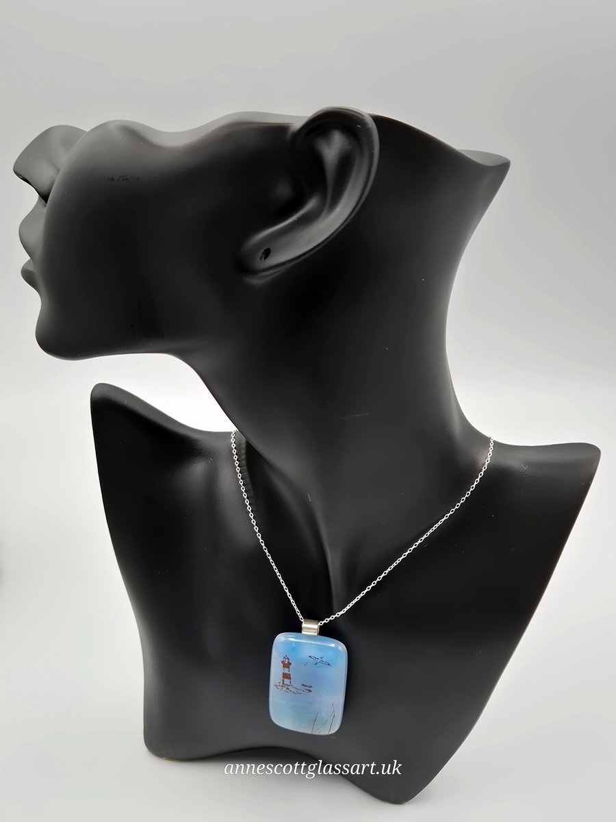 Image of  Lighthouse Fused Glass Pendant with Sterling Silver Findings