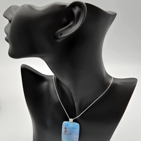  Lighthouse Fused Glass Pendant with Sterling Silver Findings