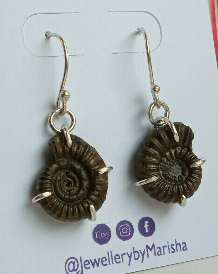 Handmade Pyrite Ammonite Fossil Dangly Earrings Claw Set in Sterling Silver