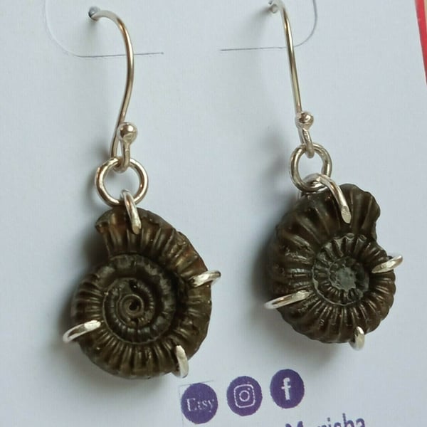 Handmade Pyrite Ammonite Fossil Dangly Earrings Claw Set in Sterling Silver