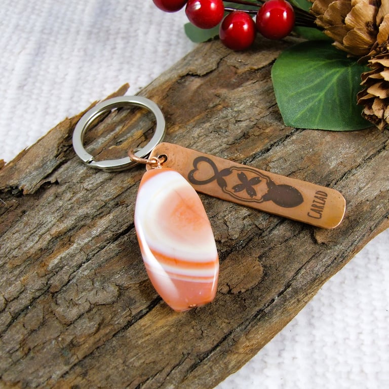 Bag Charm, Copper Bar Laser Engraved Love Spoon and Cariad with Carnelian