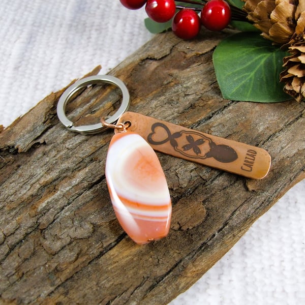 Bag Charm, Copper Bar Laser Engraved Love Spoon and Cariad with Carnelian