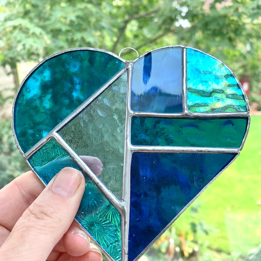 Stained Glass Heart Suncatcher - Blue and Turquoise