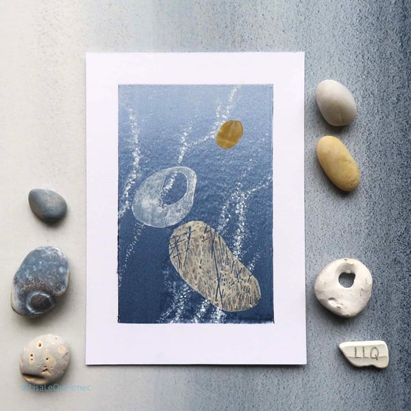 Monoprint with mixed media submerged pebbles semi abstract minimalist art