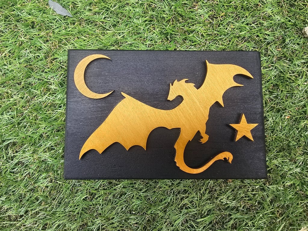 Flying dragon, moon and star handmade wooden trinket, jewellery, trinket box
