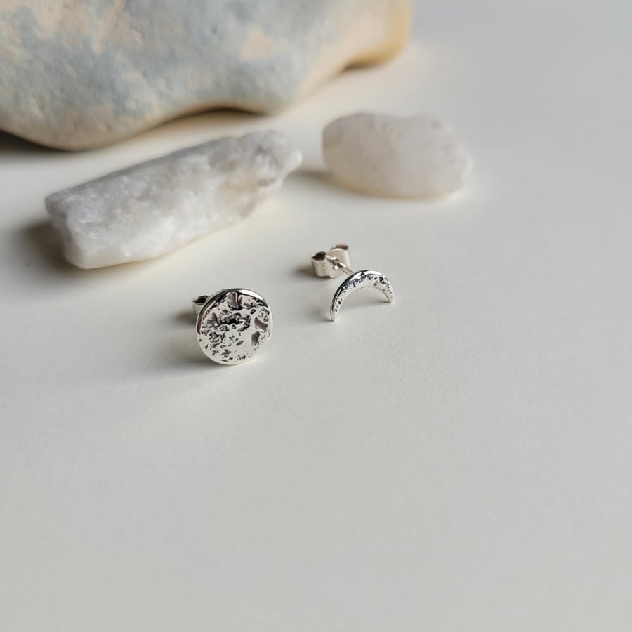 Perfectly Imperfect, Mismatched Moon Stud Earrings, Recycled Sterling Silver