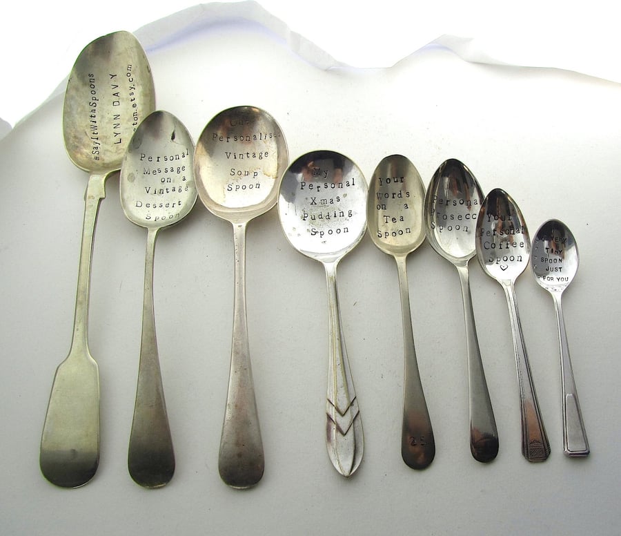 Personalised spoon, choose size, vintage, own message hand stamped to order
