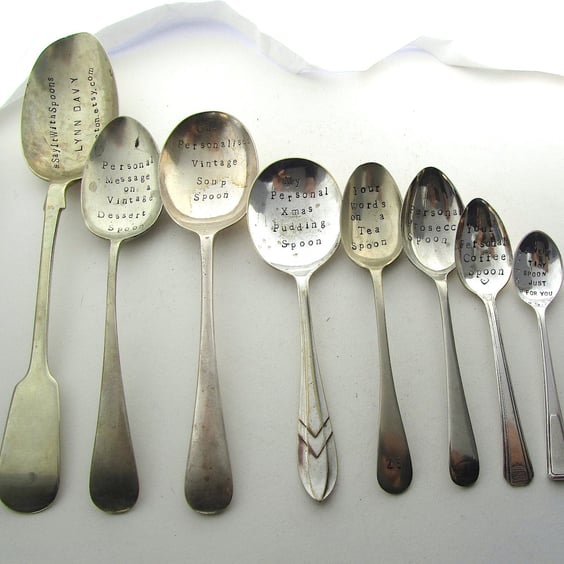 Personalised spoon, choose size, vintage, own message hand stamped to order