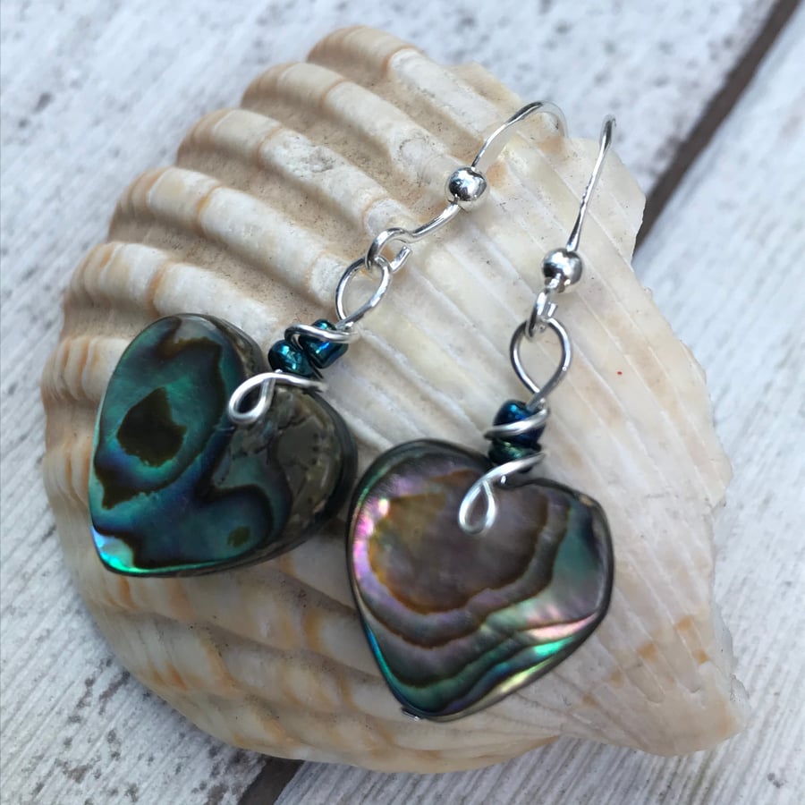 Abalone shell heart earrings with sterling silver ear wires