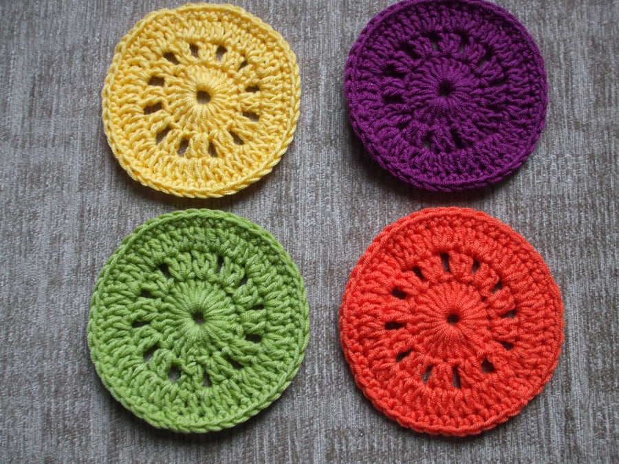 Crochet Coasters in Green Yellow Orange & Purple