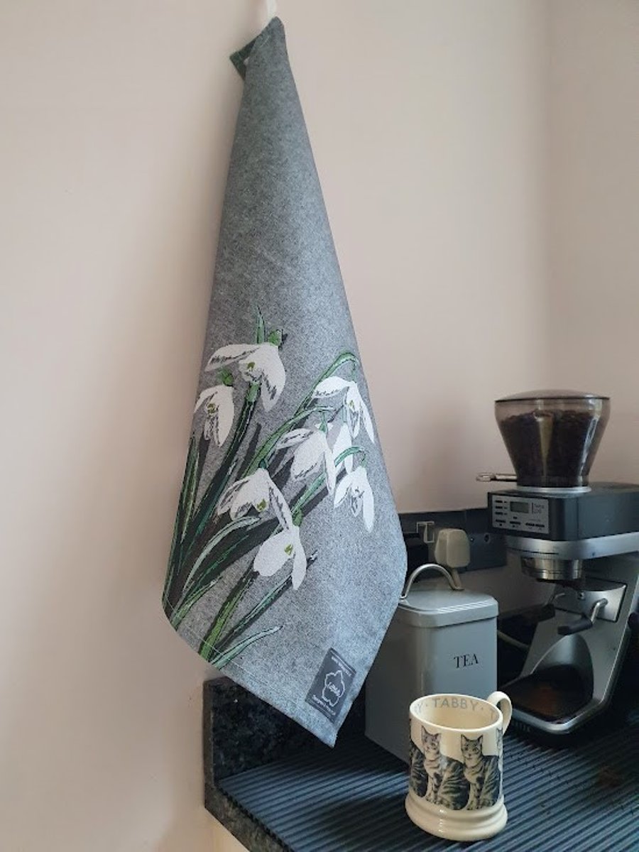 Tea towel, Snowdrop tea towel, organic cotton, hanging loop