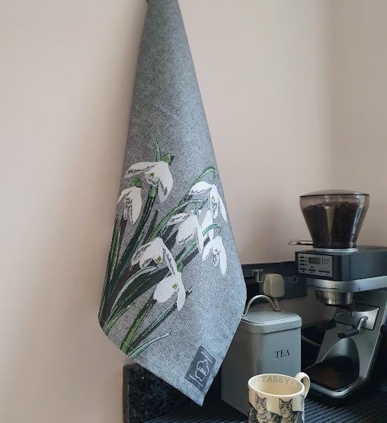 Tea towel, Snowdrop tea towel, organic cotton, hanging loop