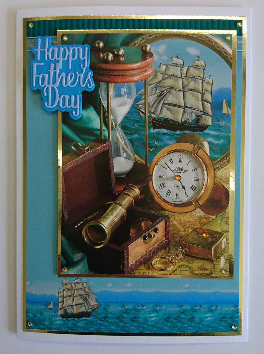 Happy Father's Day Card Ship Compass Telescope Watch Sea 3D Luxury Handmade Card
