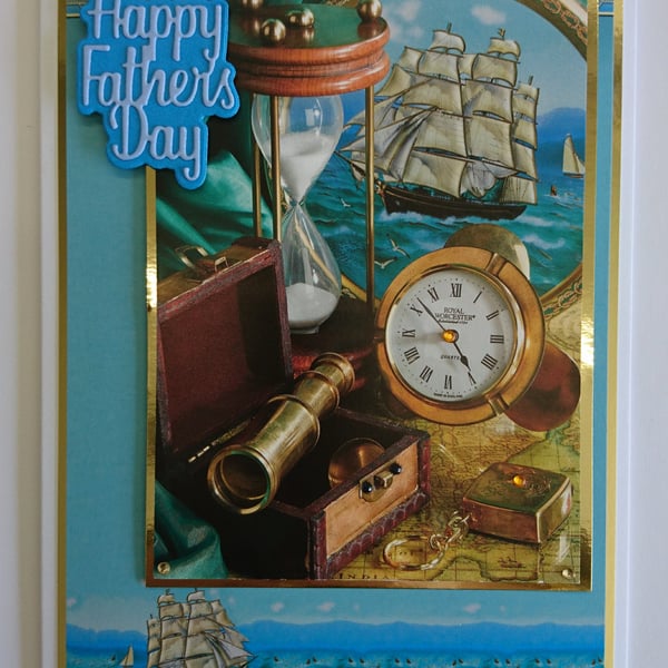 Happy Father's Day Card Ship Compass Telescope Watch Sea 3D Luxury Handmade Card