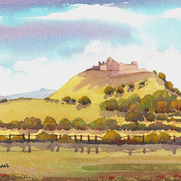 Carrreg Cennen Castle, Llandeilo , Wales, Watercolour Print in 8 x 6 '' Mount 