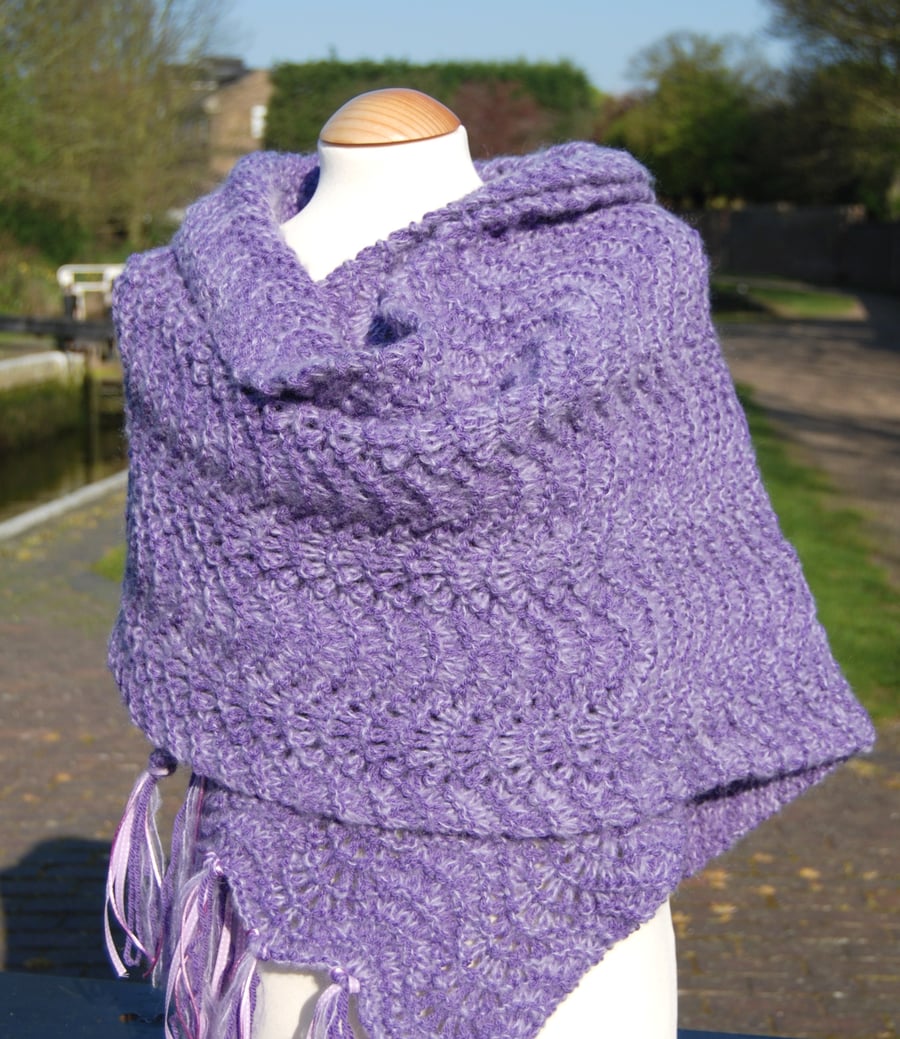 Hand knitted Feather & Fan Lace Lavender Shawl Scarf with Ribbon Fringe