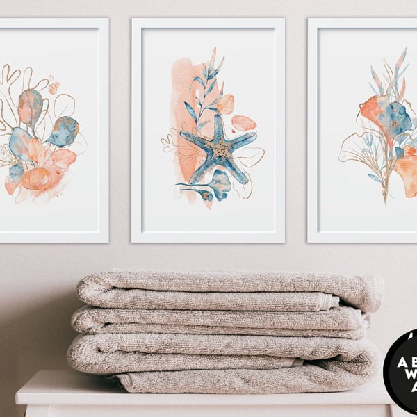 Seashell art print set of 3, beach nursery decor, Spa bathroom decor, Coastal de