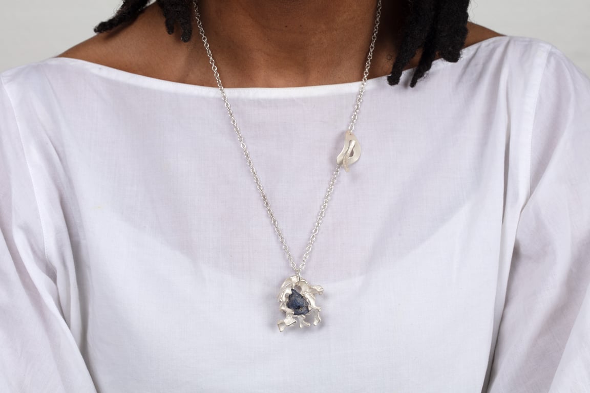 Recycled Silver Coral-Inspired Necklace with Rough-Cut Sapphire