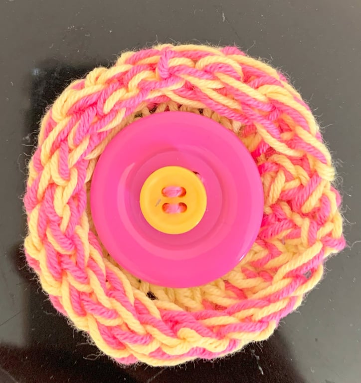 Pink Yellow Handmade Knitted Brooch Lapel Pin Badge REPURPOSED upcycled Buttons