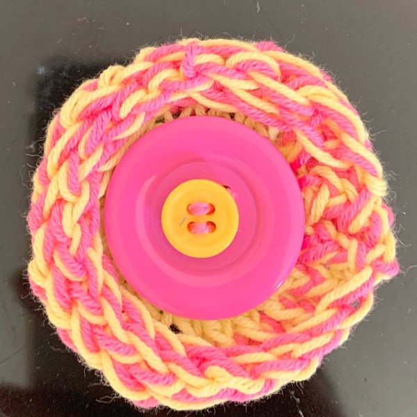 Pink Yellow Handmade Knitted Brooch Lapel Pin Badge REPURPOSED upcycled Buttons